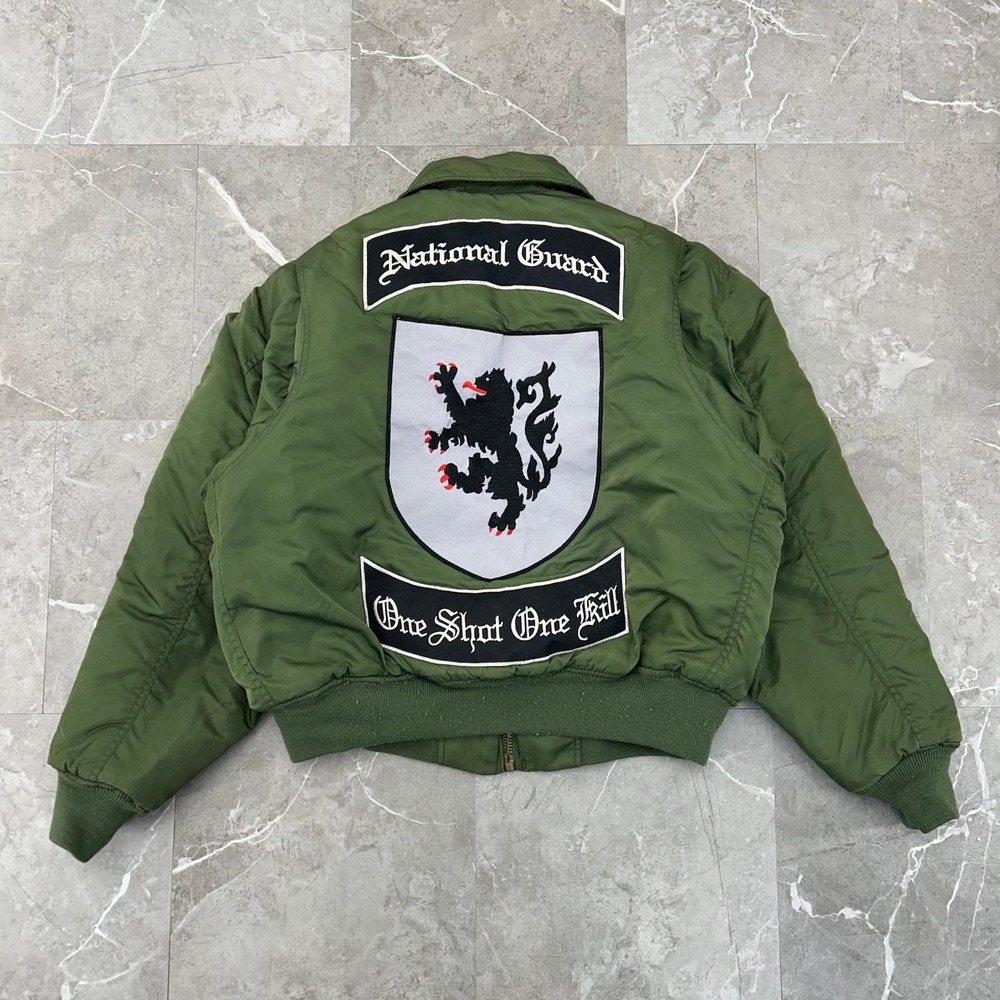 Vintage Army National Guard Bomber Jacket Mens Medium Fatigue Green Patch Coat